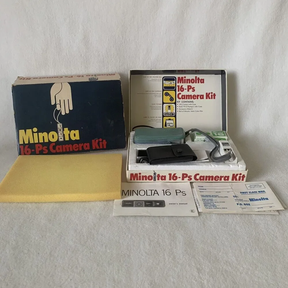 Vintage Minolta 16-Ps Film Spy Camera Kit w Flash, Clamp, Film, Manuals Box MINT